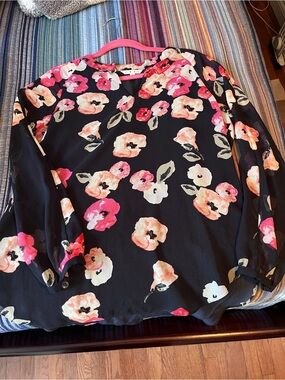 CAbi Black Floral V-Neck Long Sleeve Blouse with Pink & Cream Blooms